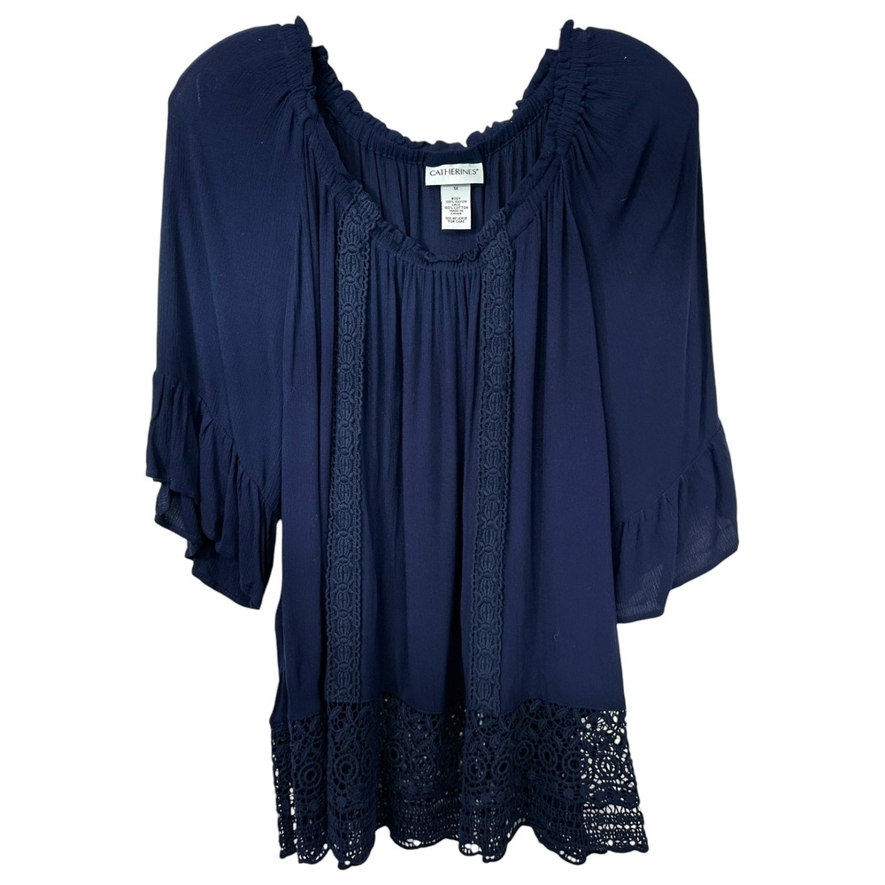 Catherines Plus Size 1X Top Navy‎ Blue Crochet Lace Trim Off Shoulder Solid 1714